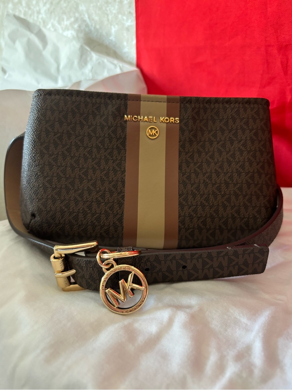 Michael Kors Brown & Tan Signature Stripe Belt Bag - Size L/XL